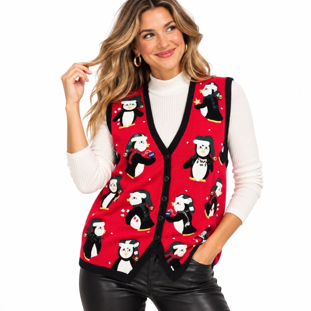 Vintage 90s Bechamel Penguin Knit Sweater Vest L Red Christmas Kitsch Grandma